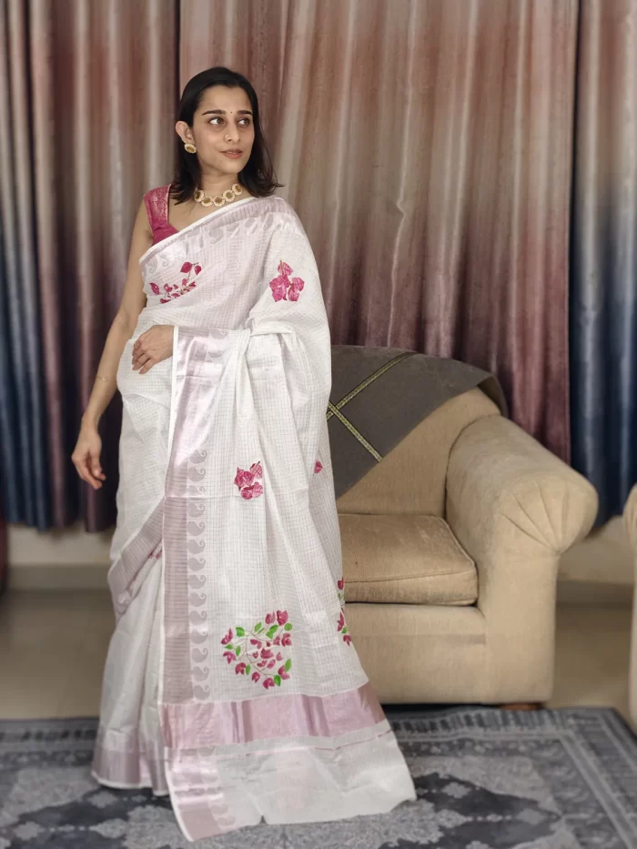 Bougainvillea Hand Painted Saree (4) Front view of Bougainvillea Hand-Painted Saree with the pallu draped across the arm