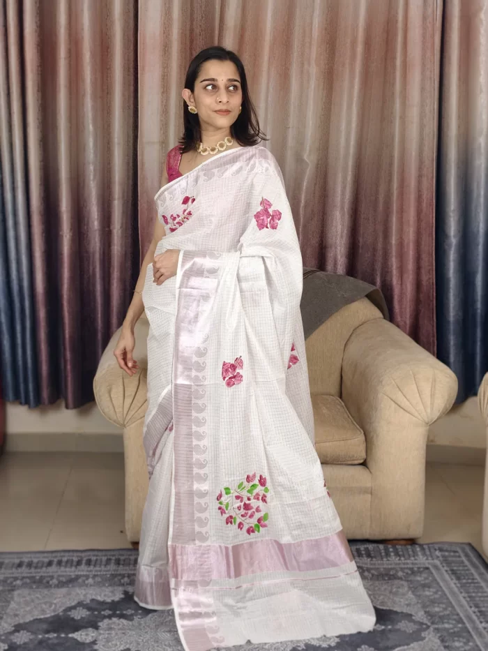 Bougainvillea Hand Painted Saree (5) Full-length pose in Bougainvillea Hand-Painted Saree showing pleats and hand-painted floral motifs