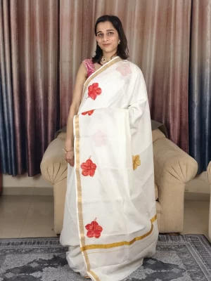 Chembarathi Hand Painted Saree (1) Chembarathi Hand-Painted Saree in a full-length front view