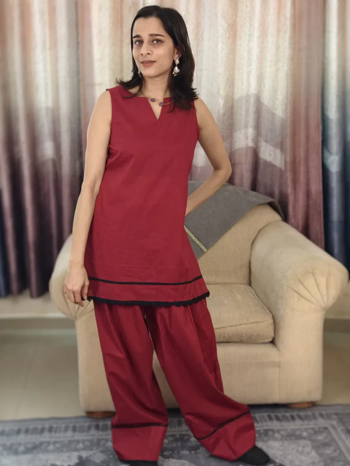 Deep Red Farshi Salwar Set (10) Deep Red Farshi Salwar Set front view with a hand-on-hip pose