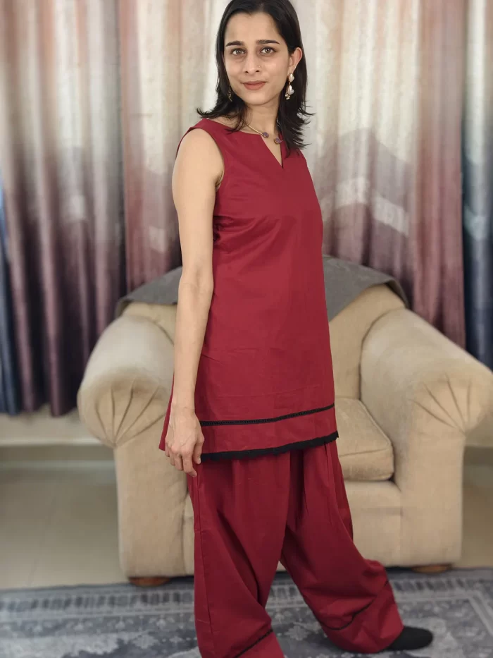 Deep Red Farshi Salwar Set (11) Deep Red Farshi Salwar Set side view showing the tunic and wide pants