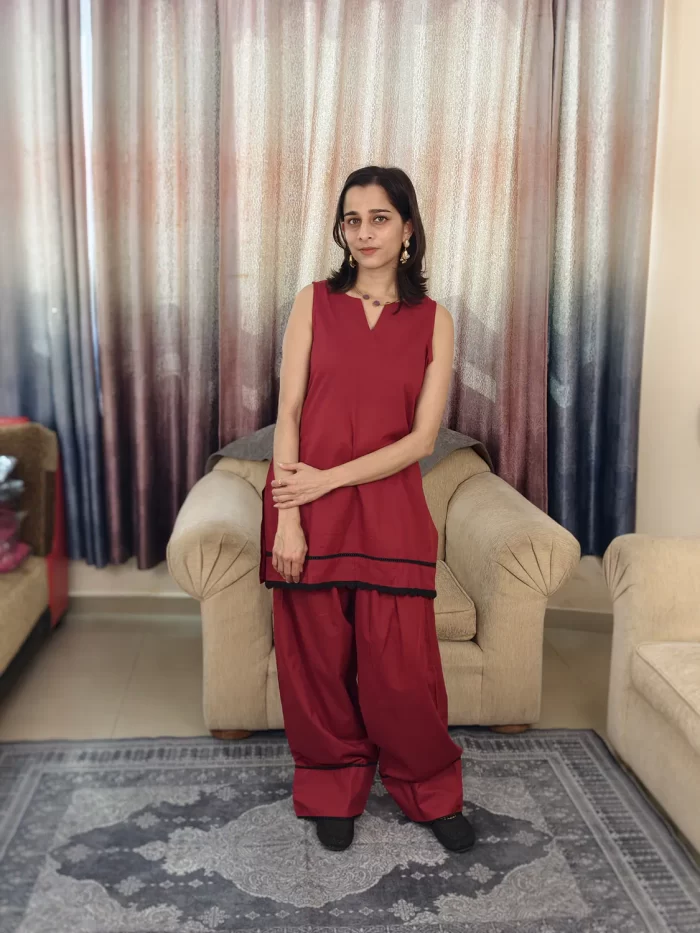 Deep Red Farshi Salwar Set (2) Full-length front view of Deep Red Farshi Salwar Set with wide pleated salwar trousers