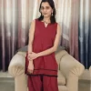 Deep Red Farshi Salwar Set (3) Front three-quarter view of Deep Red Farshi Salwar Set highlighting the layered tunic hem