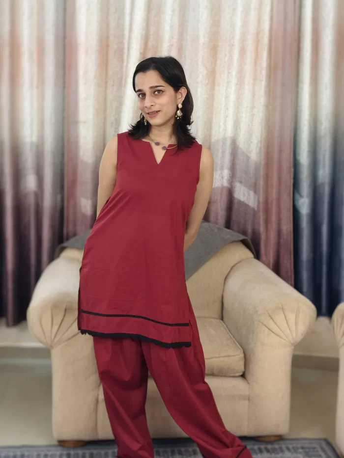 Deep Red Farshi Salwar Set (5) Deep Red Farshi Salwar Set three-quarter front view