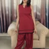 Deep Red Farshi Salwar Set (7) Deep Red Farshi Salwar Set full-length front view highlighting the wide pants