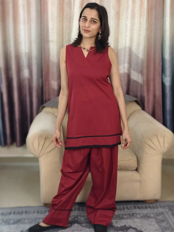 Deep Red Farshi Salwar Set (7) Deep Red Farshi Salwar Set full-length front view highlighting the wide pants