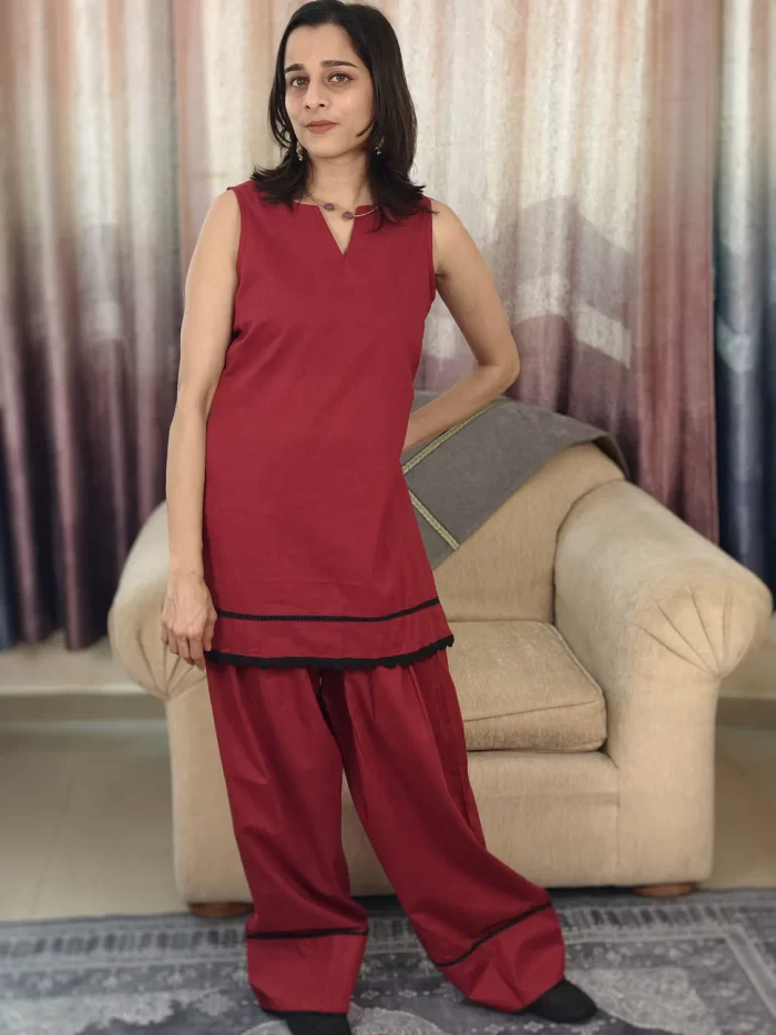 Deep Red Farshi Salwar Set (8) Deep Red Farshi Salwar Set in a relaxed three-quarter stance