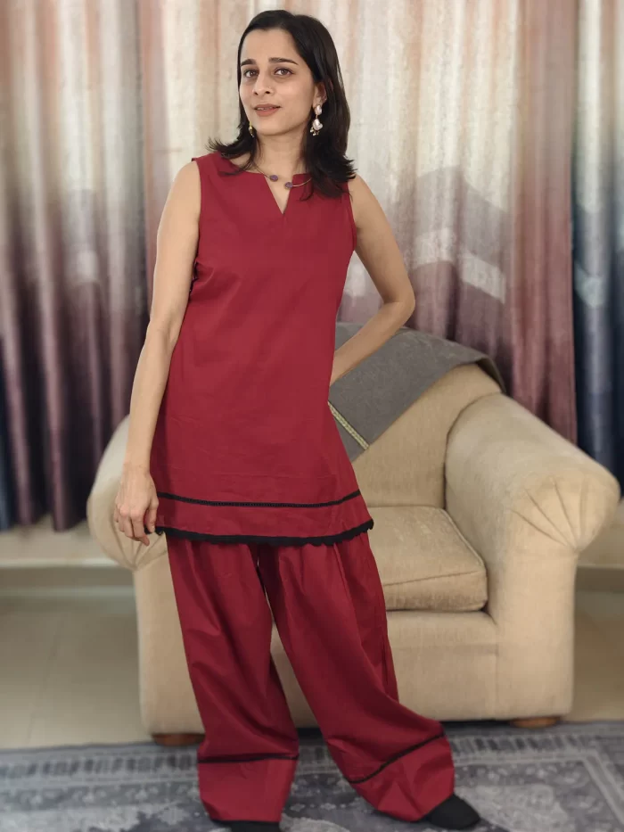 Deep Red Farshi Salwar Set (9) Deep Red Farshi Salwar Set styled in a front pose