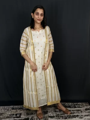 Golden Kasav Overlay Dress in a three-quarter view showing the open-front overlay