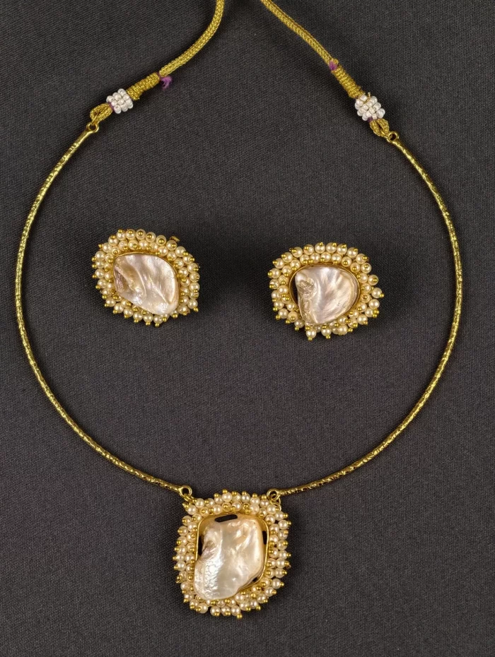 Heritage Pearl Bloom Neck Cuff Set with organic pearl-like stones and matching stud earrings