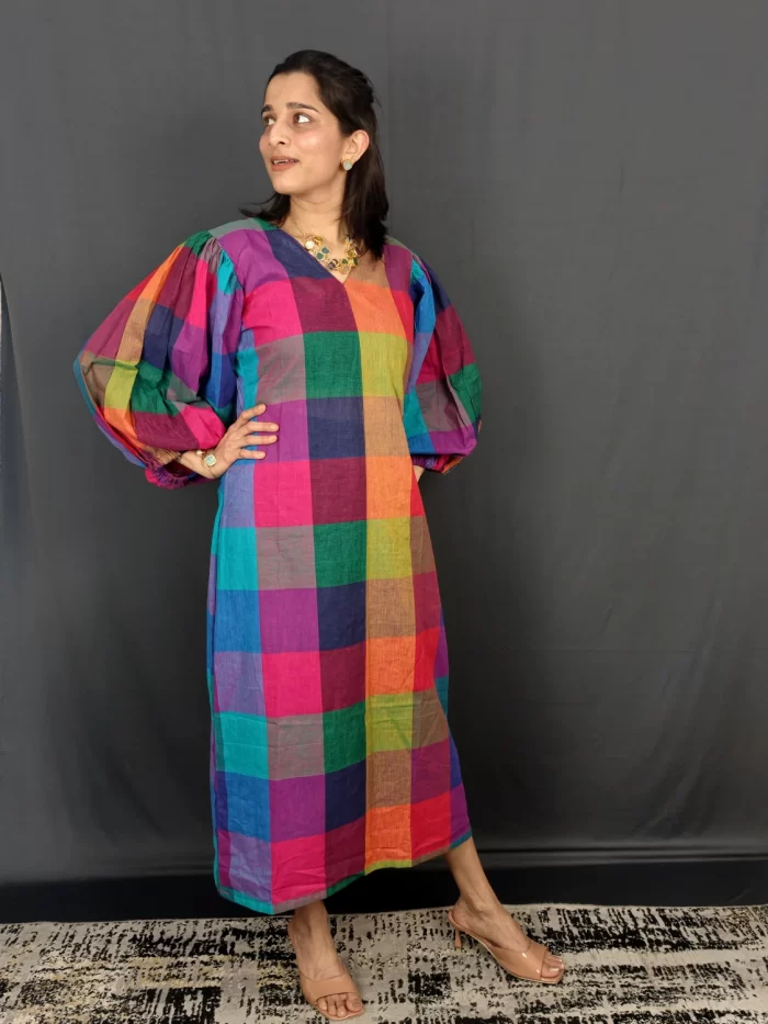 Madras Kattam Multicolour checked midi dress for women by LoomRoute