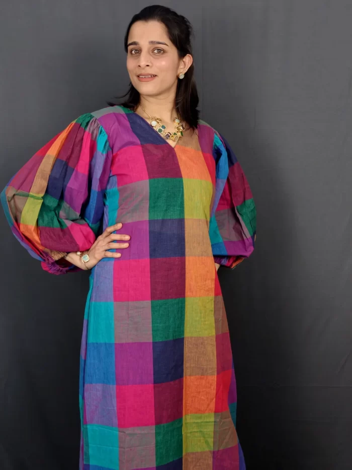 Madras Kattam Midi Full-length view of Madras Kattam Midi Dress with balloon sleeves