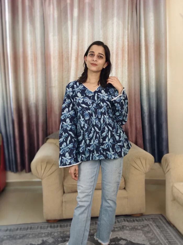 Indigo Floral Print Peplum Top (2) Indigo Floral Print Peplum Top in a full-length front pose