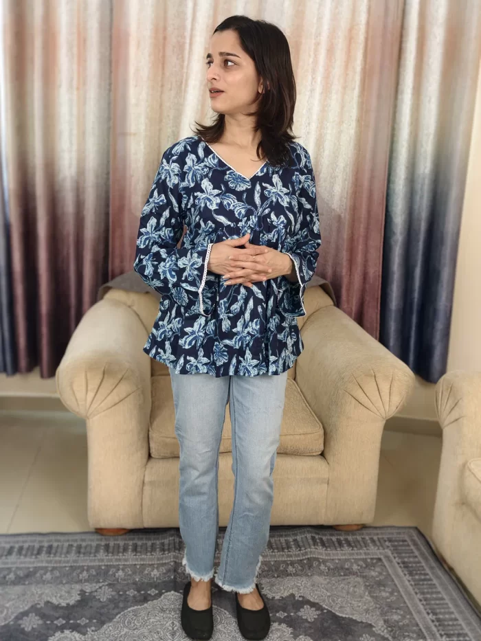 Indigo Floral Print Peplum Top (4) Indigo Floral Print Peplum Top upper-body side-facing view