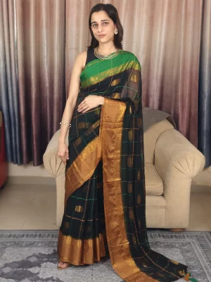 Kanchipuram Mul Cotton Saree Black & Green (3) Kanchipuram Mul Cotton Saree Black & Green full-length pose showing the pallu