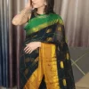 Kanchipuram Mul Cotton Saree Black & Green close-up of the checked body and border