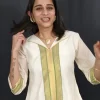 Kerala Kasavu Olive Green Panel Collar Dress (1) Close-up of Kerala Kasavu Olive Green Panel Collar Dress showing the collar and woven front panel