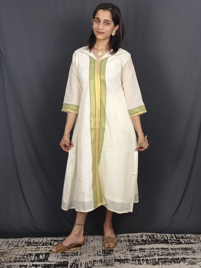 Kerala Kasavu Olive Green Panel Collar Dress (10) Kerala Kasavu Olive Green Panel Collar Dress in a straight front pose