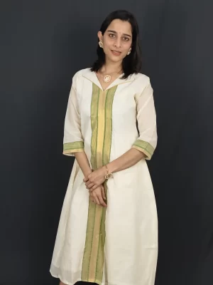 Kerala Kasavu Olive Green Panel Collar Dress (16) Kerala Kasavu Olive Green Panel Collar Dress in a front portrait