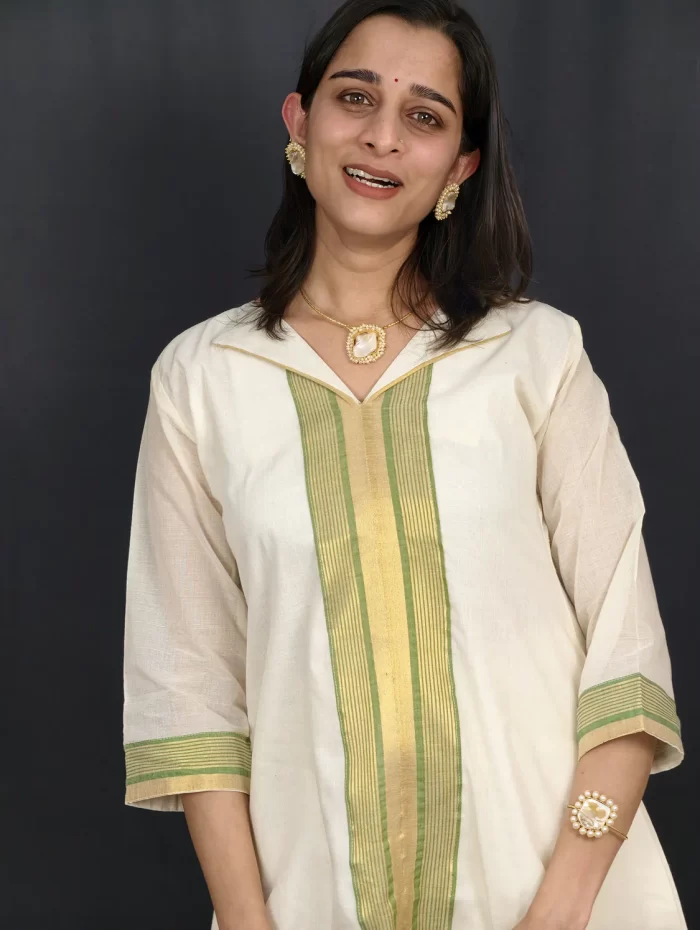 Kerala Kasavu Olive Green Panel Collar Dress (3) Kerala Kasavu Olive Green Panel Collar Dress upper-body front view