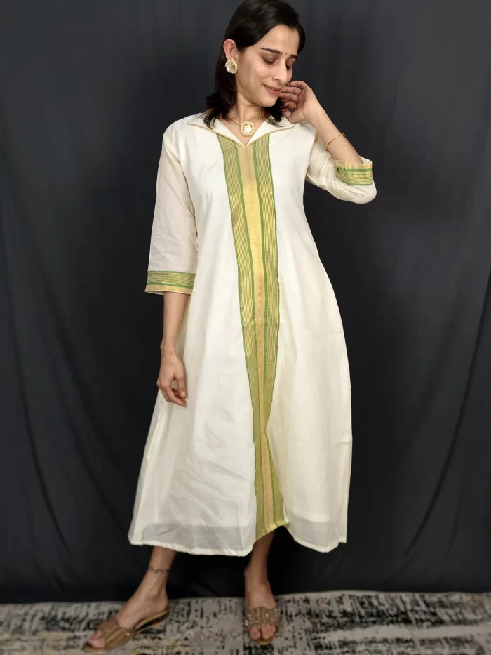 Kerala Kasavu Olive Green Panel Collar Dress (6) Kerala Kasavu Olive Green Panel Collar Dress in a full-length relaxed pose