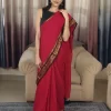Maroon Mul Cotton Saree with Kanchi Border (1) Maroon Mul Cotton Saree with Kanchi Border in a full-length front view