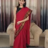 Maroon Mul Cotton Saree with Kanchi Border (5) Maroon Mul Cotton Saree with Kanchi Border in a straight full-length pose