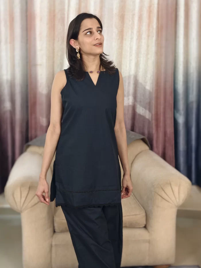 Midnight Black Farshi Salwar Set front view highlighting the lace-trim tunic