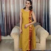 Mustard Yellow Zari Bordered Cotton Silk Coordset (10) Mustard Yellow Zari Bordered Co-Ord Set in a full-length relaxed pose