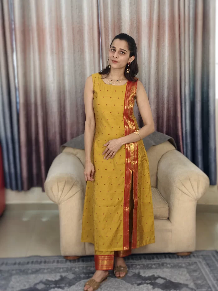 Mustard Yellow Zari Bordered Cotton Silk Coordset (10) Mustard Yellow Zari Bordered Co-Ord Set in a full-length relaxed pose