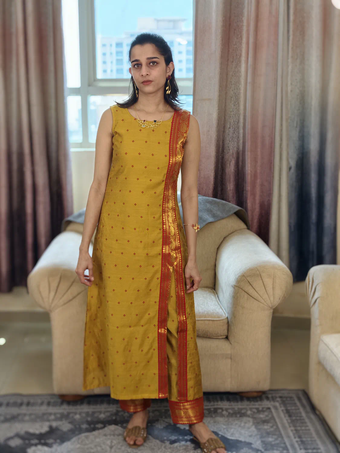 Mustard Yellow Zari Bordered Co-Ord Set full-length front view