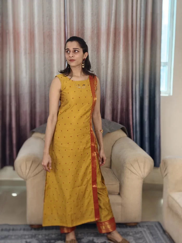 Mustard Yellow Zari Bordered Cotton Silk Coordset (4) Mustard Yellow Zari Bordered Co-Ord Set styled in a full-length front pose