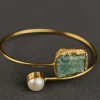 Oceanic Pearl and Stone Open Bangle with a pale raw-look rectangular stone and pearl accent