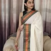 Offwhite Mulcotton Saree with Black & Orange Border (1) Off-White Mul Cotton Saree with Black & Orange Border upper-body front view
