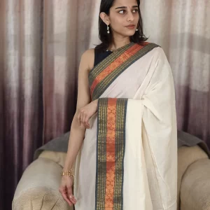 Off-White Mul Cotton Saree with Black & Orange Border upper-body front view