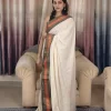 Offwhite Mulcotton Saree with Black & Orange Border (7) Straight-on view of Off-White Mul Cotton Saree showing the black and orange border and front pleats