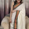Offwhite Mulcotton Saree with Black & Orange Border (9) Upper-body view of Off-White Mul Cotton Saree highlighting the black blouse and woven border