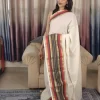 Off-White Mul Cotton Saree with Red, Black & Golden Border in a full-length front view