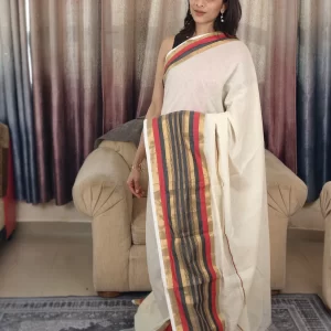 Off-White Mul Cotton Saree with Red, Black & Golden Border in a full-length front view