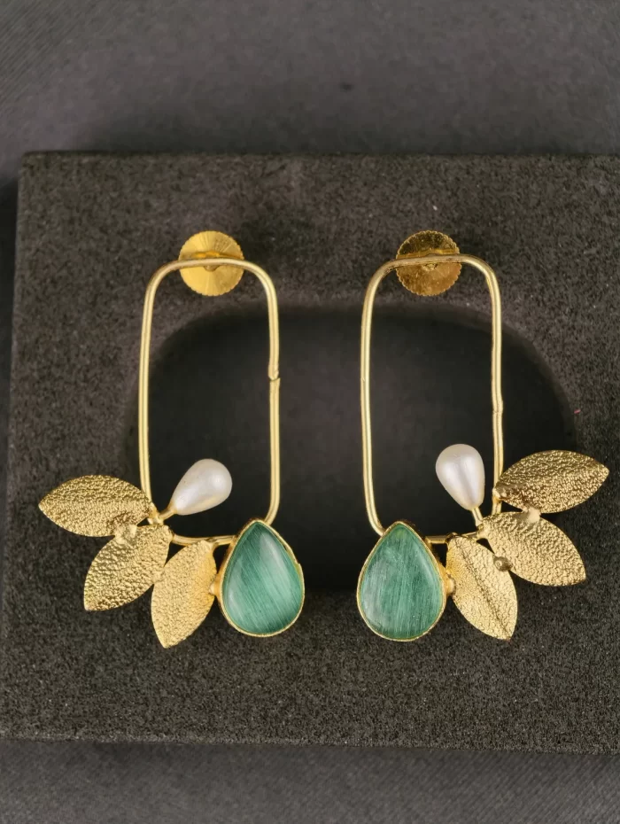 Mint green Pearl and Leaf Frame Statement Earrings with pearl accents and leaf details