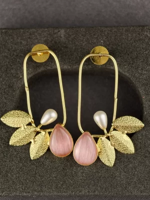 Pink Pearl and Leaf Frame Statement Earrings with teardrop stones and gold-toned leaves
