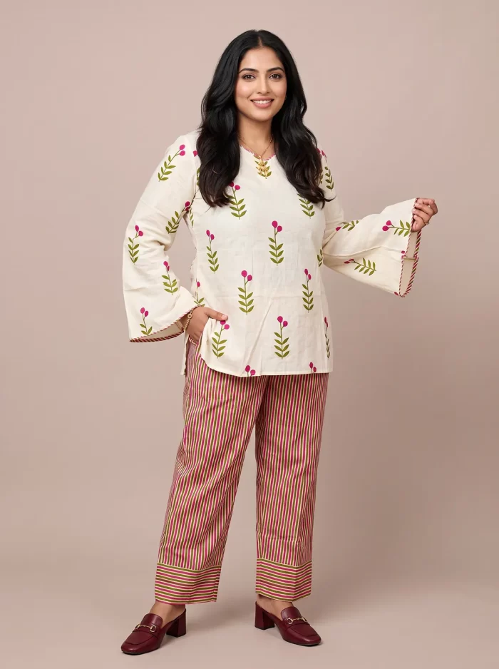 Pink Blossom Farshi Salwar Set (2) Pink Blossom Farshi Salwar Set front view highlighting the flared sleeves