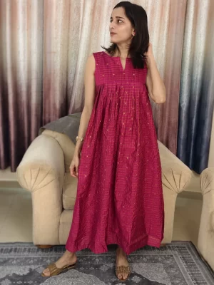 Rani Pink Zari Checked Dress (7) Rani Pink Zari Checked Dress in a three-quarter front pose