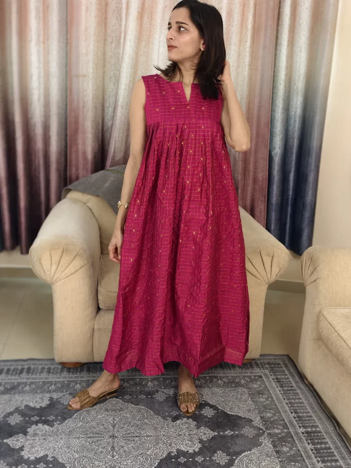 Rani Pink Zari Checked Dress (8) Rani Pink Zari Checked