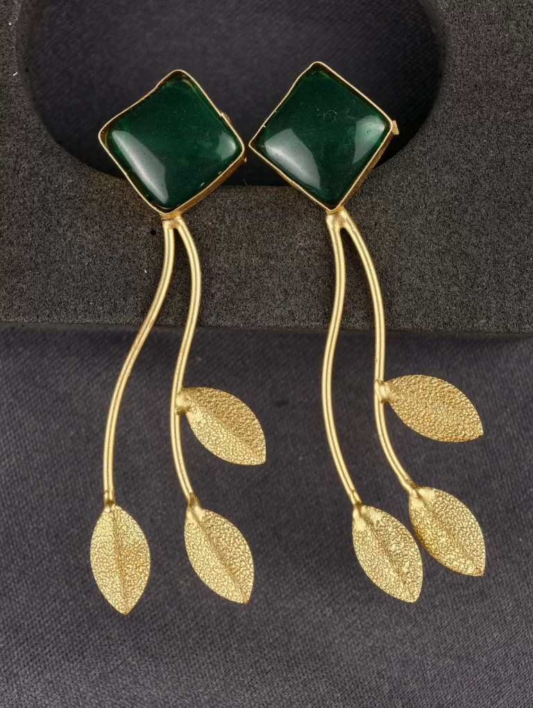 Emerald Stem and Leaf Statement Earrings with square stones and textured gold-toned leaves