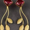Ruby Stem and Leaf Statement Earrings with square stones and long gold-toned stems