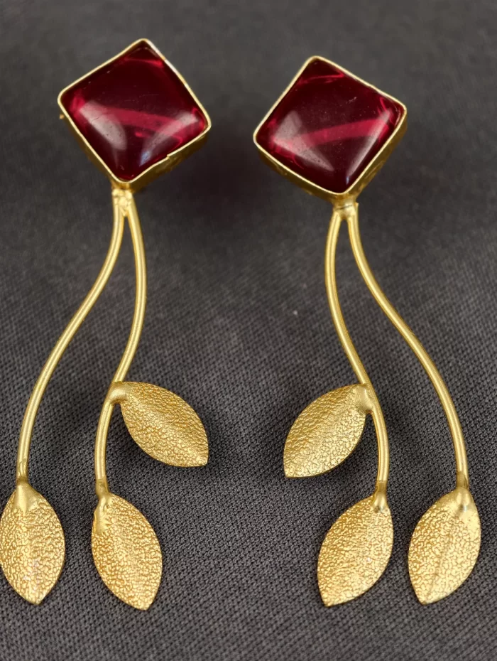 Ruby Stem and Leaf Statement Earrings with square stones and long gold-toned stems