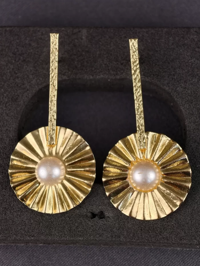 Sunbeam Drop Earrings with gold-toned sunburst discs and pearl-like centres