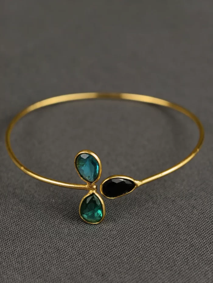 Green Tri-Gemstone Open Bangle with three faceted teardrop stones