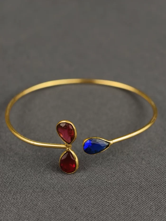 Red Tri-Gemstone Open Bangle with three faceted teardrop stones
